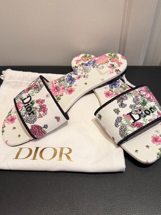 Dior Shoes - Dior Dway Slide Embroidered Cotton & Multicolor Hortensia Garden Motif Sz 38